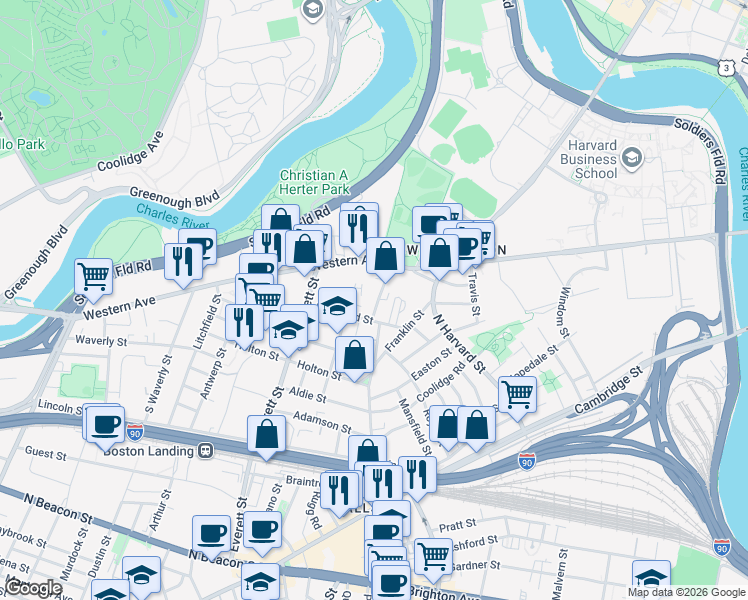 map of restaurants, bars, coffee shops, grocery stores, and more near 57 Riverdale Street in Boston
