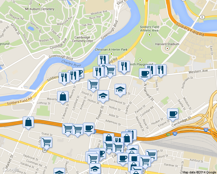 map of restaurants, bars, coffee shops, grocery stores, and more near 1 Raymond Street in Boston