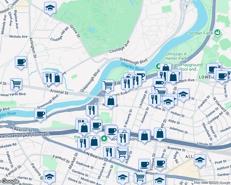 map of restaurants, bars, coffee shops, grocery stores, and more near in Boston