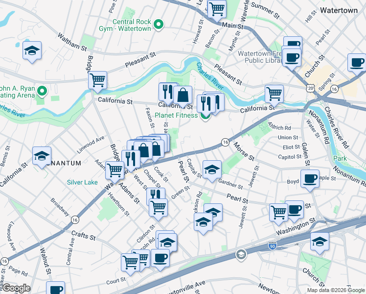 map of restaurants, bars, coffee shops, grocery stores, and more near 4 Capital Street in Newton