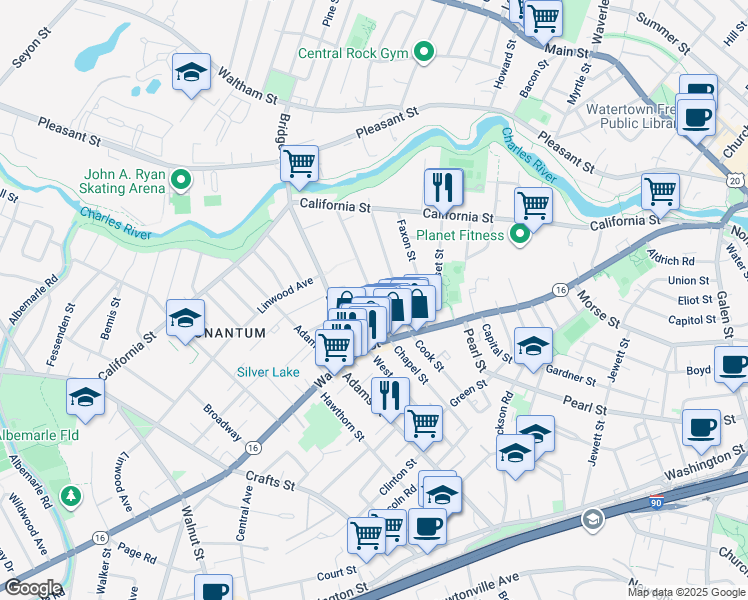 map of restaurants, bars, coffee shops, grocery stores, and more near 112 Chapel Street in Newton