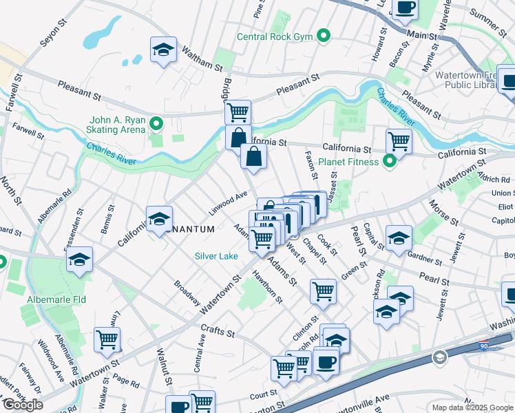 map of restaurants, bars, coffee shops, grocery stores, and more near 23 Chandler Street in Newton