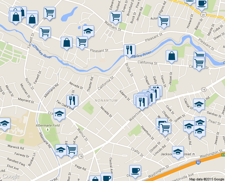 map of restaurants, bars, coffee shops, grocery stores, and more near in Newton