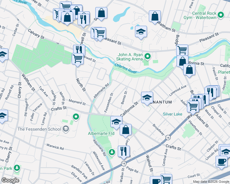 map of restaurants, bars, coffee shops, grocery stores, and more near 51 Fessenden Street in Newton
