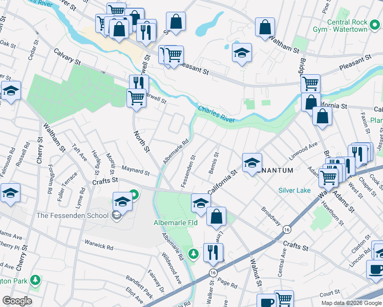 map of restaurants, bars, coffee shops, grocery stores, and more near 51 Fessenden Street in Newton