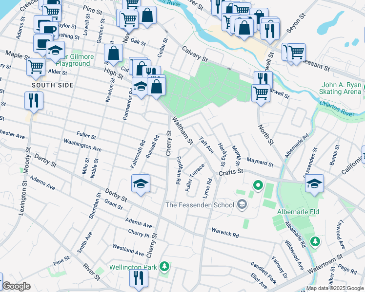 map of restaurants, bars, coffee shops, grocery stores, and more near 33 Fordham Road in Newton