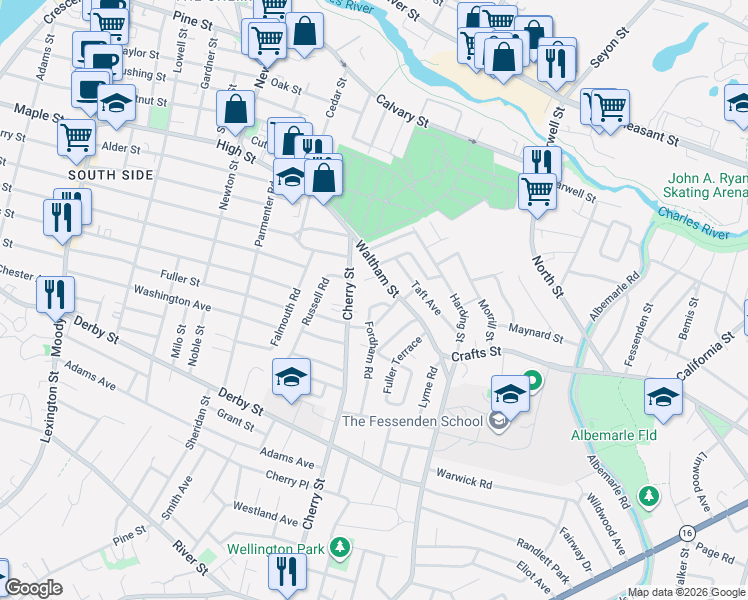 map of restaurants, bars, coffee shops, grocery stores, and more near 33 Fordham Road in Newton