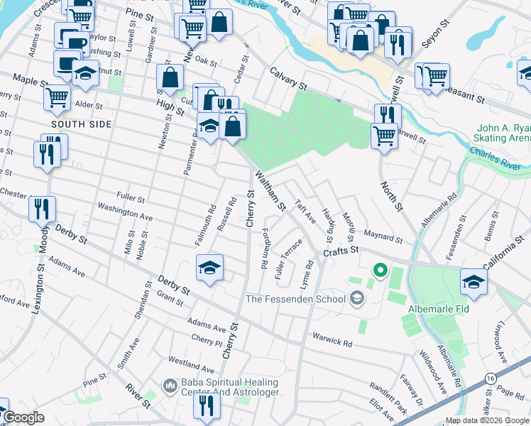 map of restaurants, bars, coffee shops, grocery stores, and more near 33 Fordham Road in Newton