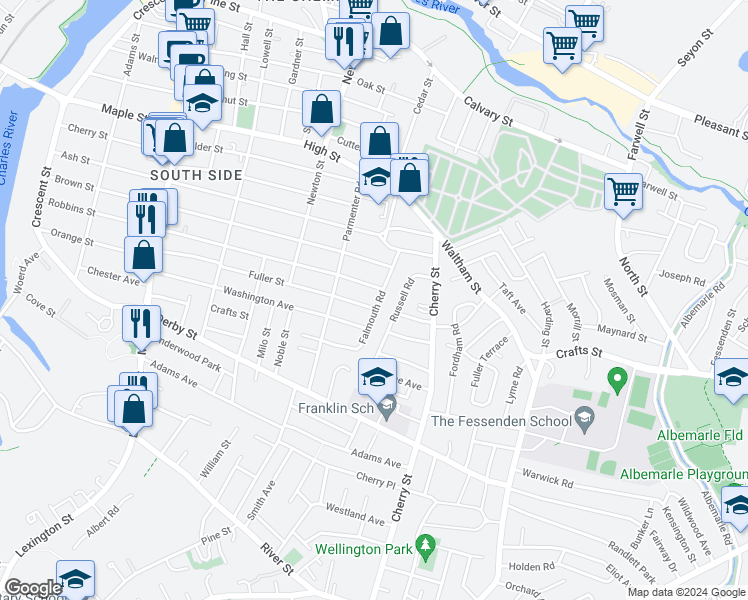map of restaurants, bars, coffee shops, grocery stores, and more near 64 Falmouth Road in Newton