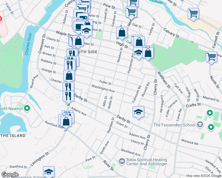 map of restaurants, bars, coffee shops, grocery stores, and more near 12 Milo Street in Newton