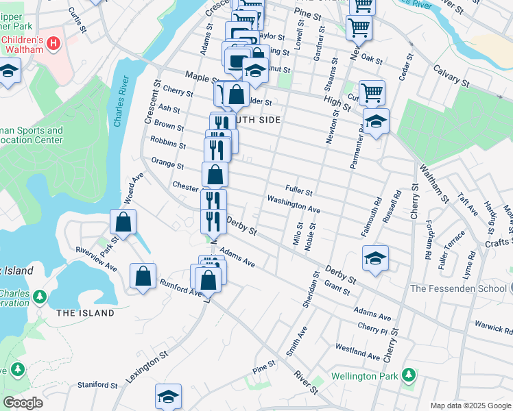 map of restaurants, bars, coffee shops, grocery stores, and more near 255 Lowell Street in Waltham