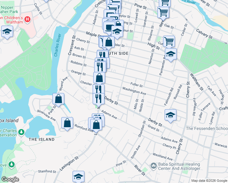 map of restaurants, bars, coffee shops, grocery stores, and more near 255 Lowell Street in Waltham