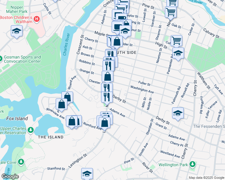 map of restaurants, bars, coffee shops, grocery stores, and more near 24 Derby Street in Waltham