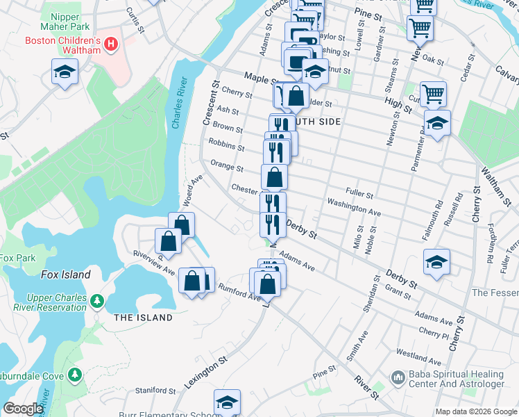 map of restaurants, bars, coffee shops, grocery stores, and more near in Waltham