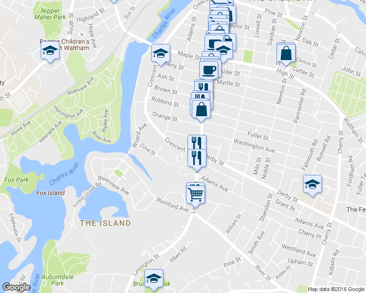 map of restaurants, bars, coffee shops, grocery stores, and more near 15 Norumbega Terrace in Waltham