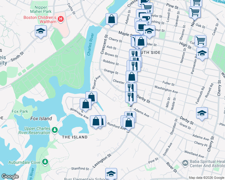 map of restaurants, bars, coffee shops, grocery stores, and more near 17 Norumbega Terrace in Waltham