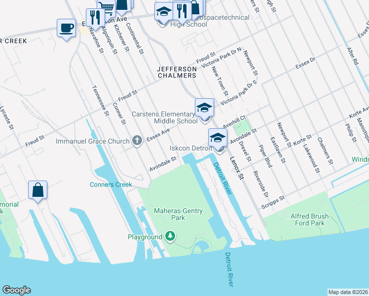 map of restaurants, bars, coffee shops, grocery stores, and more near 428 Kitchener Street in Detroit
