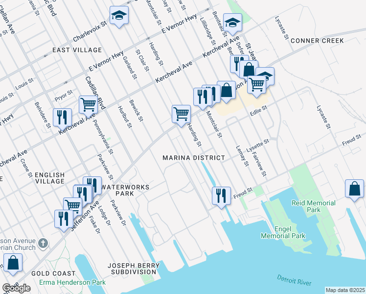 map of restaurants, bars, coffee shops, grocery stores, and more near 699 Saint Clair Street in Detroit