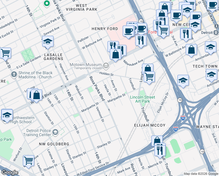 map of restaurants, bars, coffee shops, grocery stores, and more near 6150 Hecla Street in Detroit