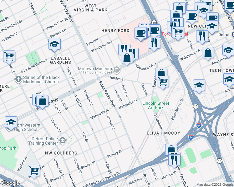 map of restaurants, bars, coffee shops, grocery stores, and more near 6150 Hecla Street in Detroit