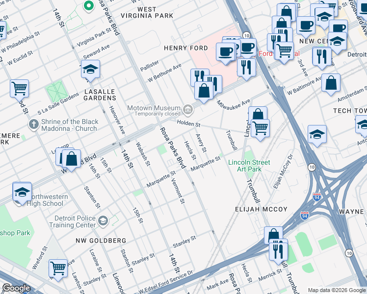 map of restaurants, bars, coffee shops, grocery stores, and more near 6185 Rosa Parks Boulevard in Detroit
