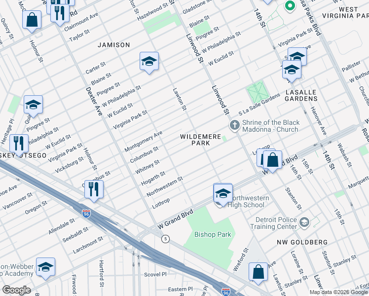 map of restaurants, bars, coffee shops, grocery stores, and more near 2984 Hogarth Street in Detroit