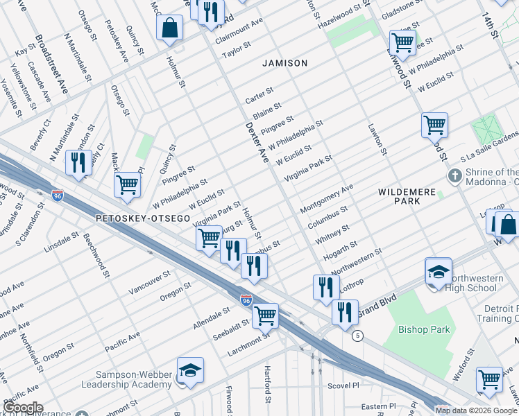 map of restaurants, bars, coffee shops, grocery stores, and more near 3778 Montgomery Avenue in Detroit