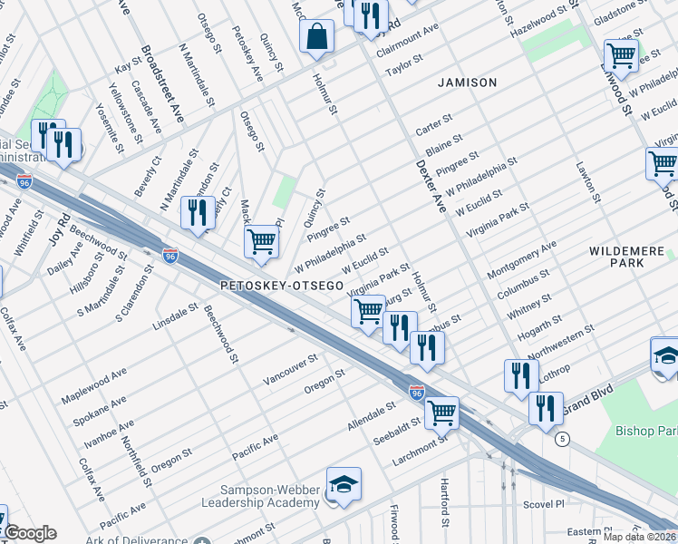 map of restaurants, bars, coffee shops, grocery stores, and more near 4330 Virginia Park Street in Detroit