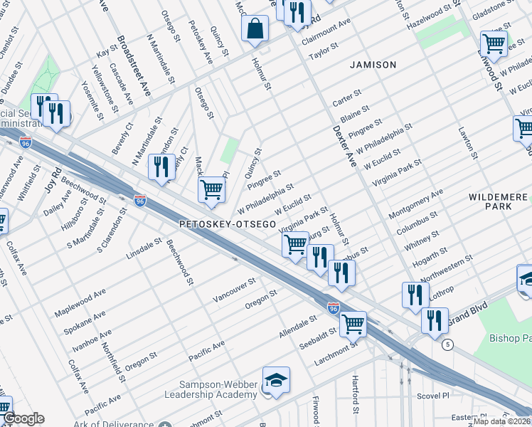 map of restaurants, bars, coffee shops, grocery stores, and more near 4399 West Euclid Street in Detroit