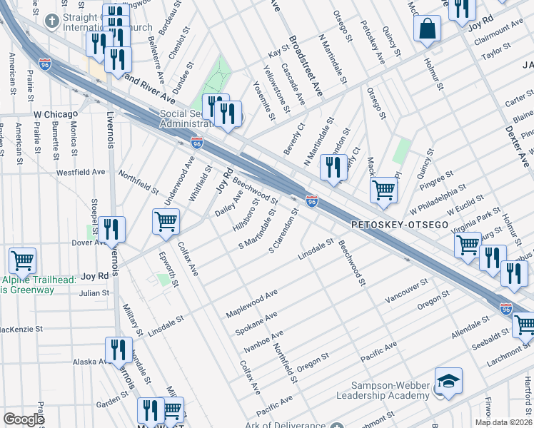 map of restaurants, bars, coffee shops, grocery stores, and more near 5100 South Martindale Street in Detroit