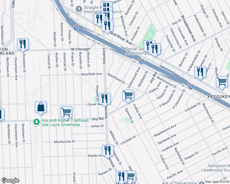 map of restaurants, bars, coffee shops, grocery stores, and more near 5630 Greenway Street in Detroit