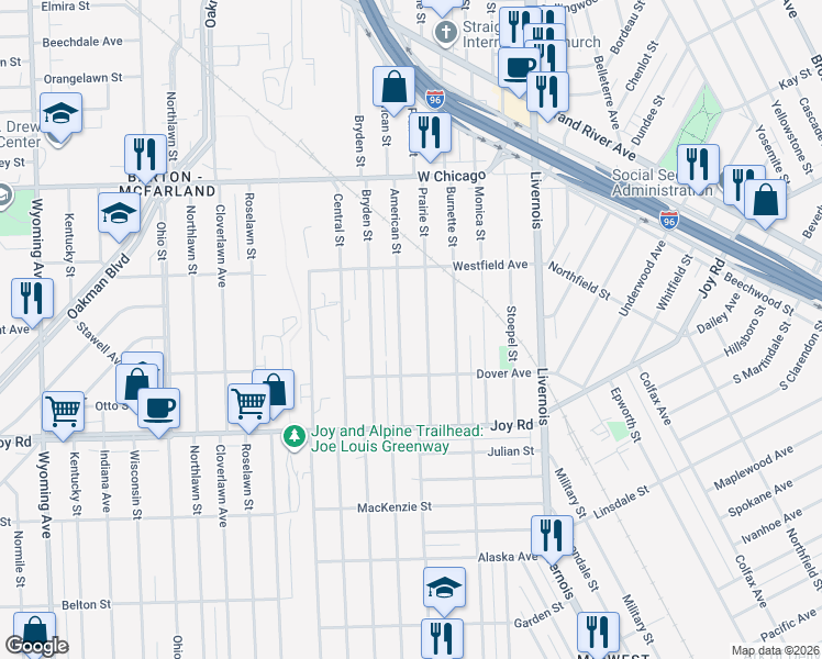 map of restaurants, bars, coffee shops, grocery stores, and more near 9052 American Street in Detroit