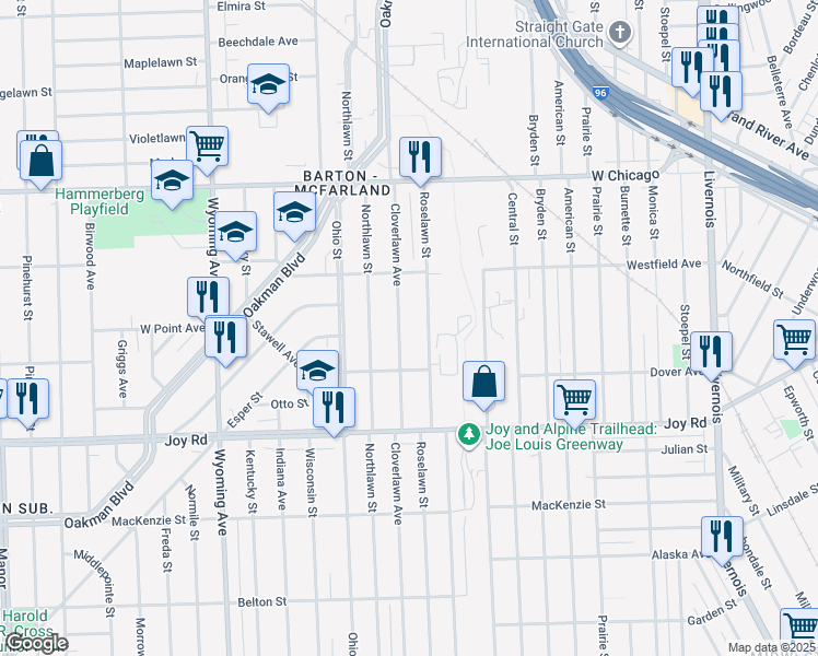 map of restaurants, bars, coffee shops, grocery stores, and more near 9037 Cloverlawn Avenue in Detroit