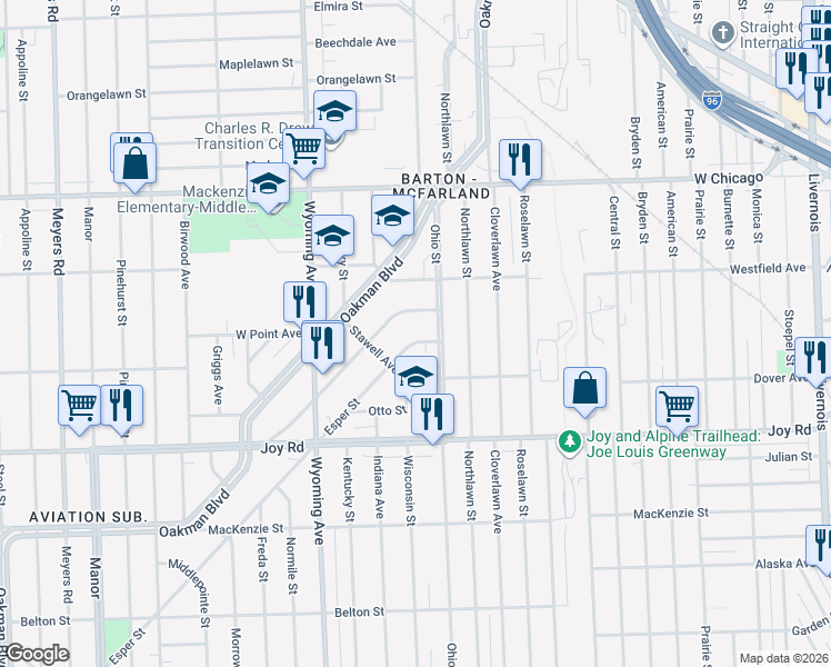 map of restaurants, bars, coffee shops, grocery stores, and more near 9060 Esper Street in Detroit