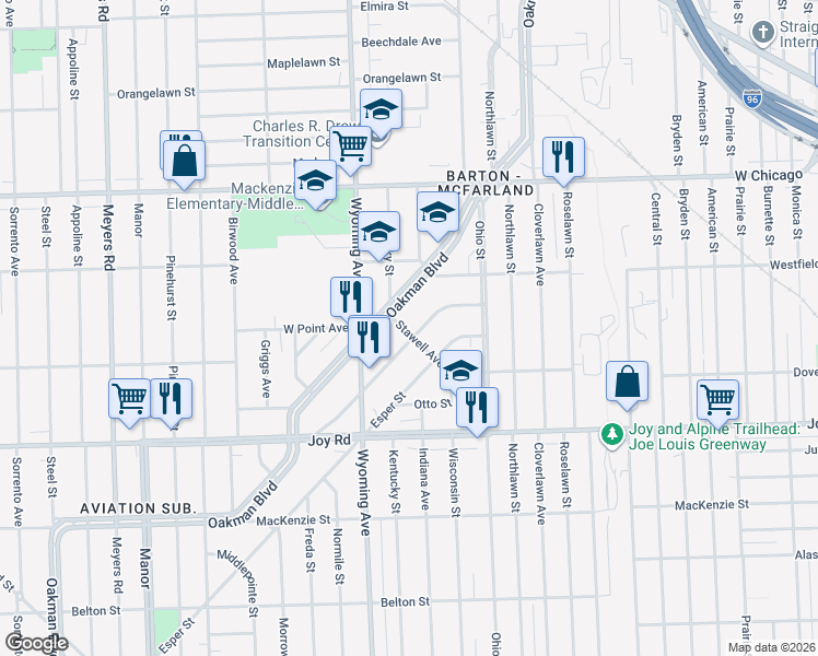 map of restaurants, bars, coffee shops, grocery stores, and more near 9040 Dawes Street in Detroit