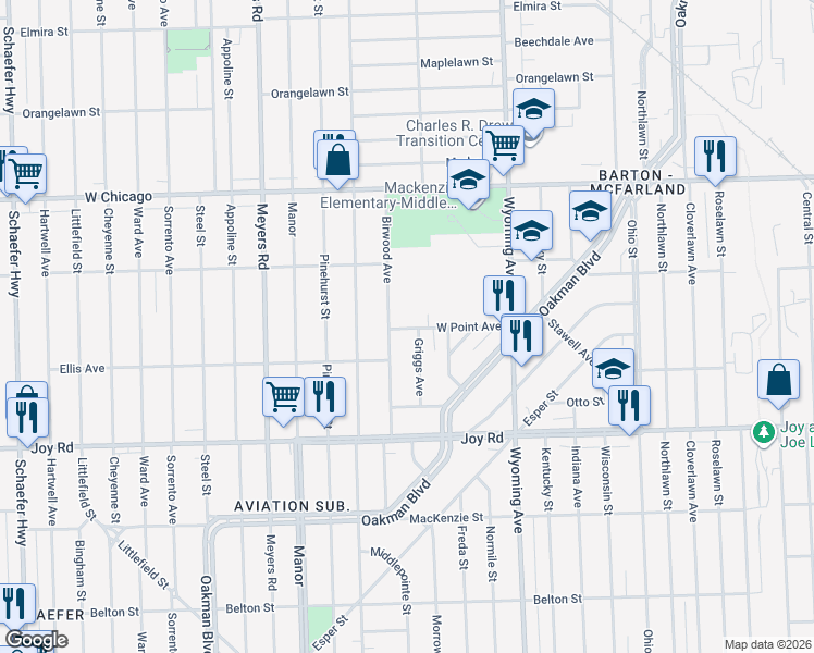 map of restaurants, bars, coffee shops, grocery stores, and more near 9020 Griggs Street in Detroit