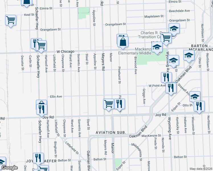 map of restaurants, bars, coffee shops, grocery stores, and more near 9130 Meyers Road in Detroit