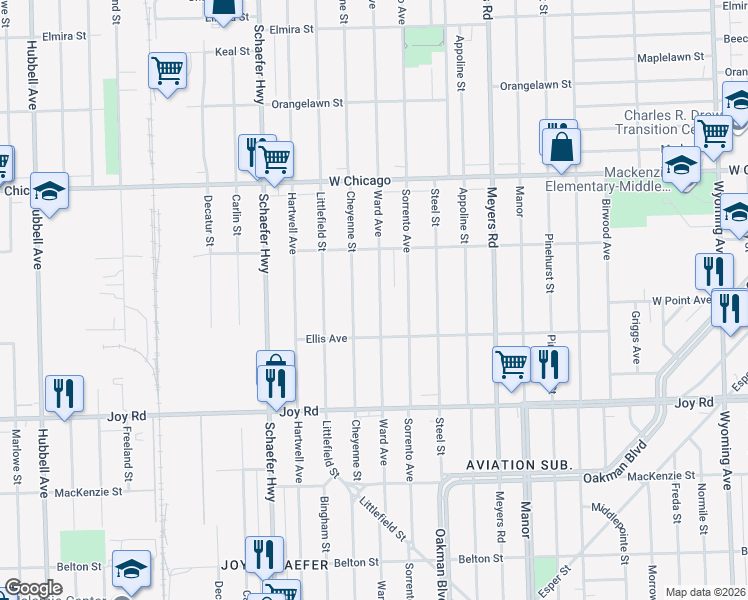 map of restaurants, bars, coffee shops, grocery stores, and more near 9140 Cheyenne Street in Detroit