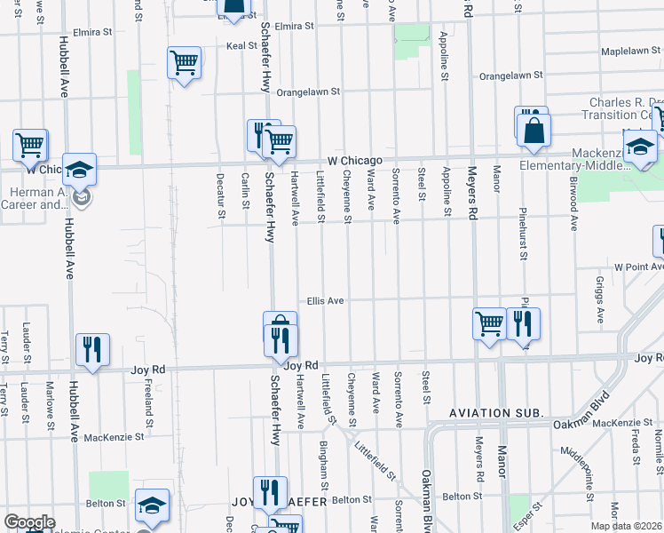 map of restaurants, bars, coffee shops, grocery stores, and more near 9140 Littlefield Street in Detroit