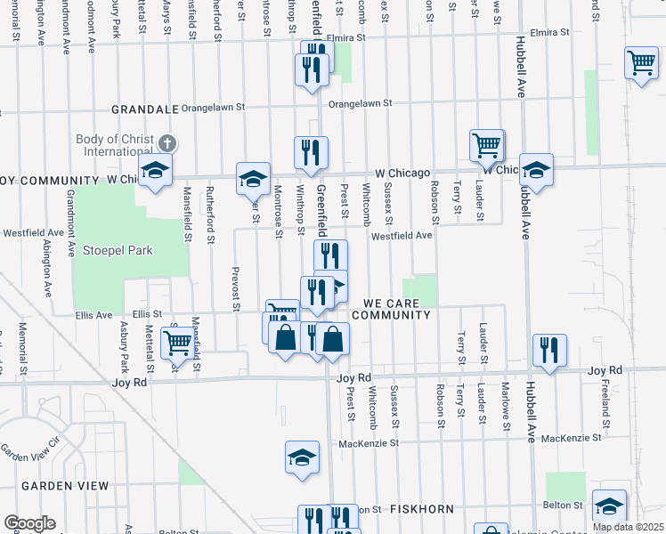 map of restaurants, bars, coffee shops, grocery stores, and more near 9138 Prest Street in Detroit