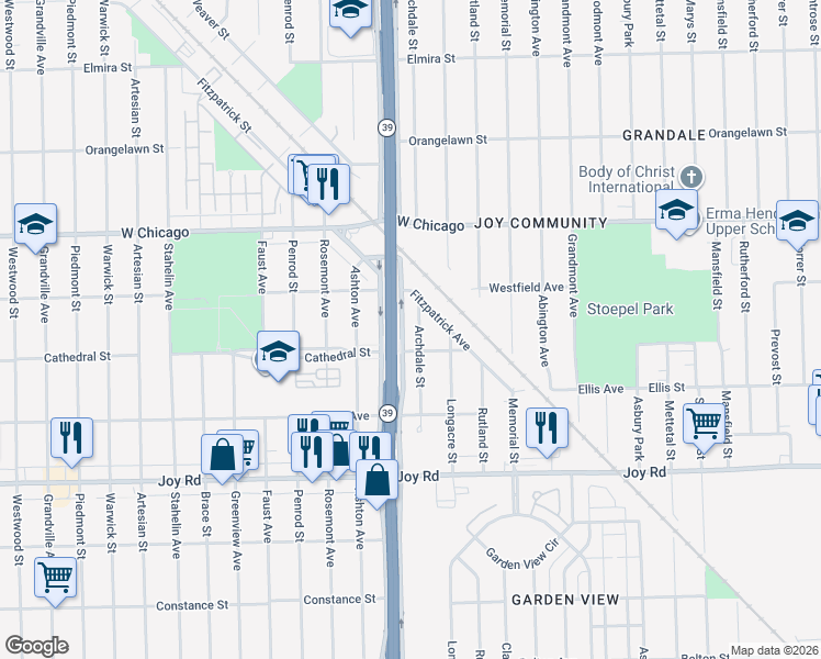 map of restaurants, bars, coffee shops, grocery stores, and more near 9201 Archdale Street in Detroit