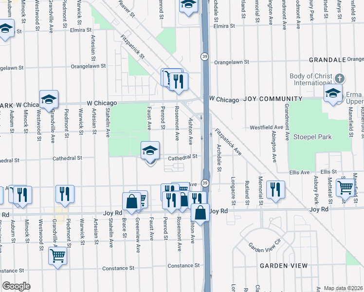 map of restaurants, bars, coffee shops, grocery stores, and more near 18230 Cathedral Street in Detroit