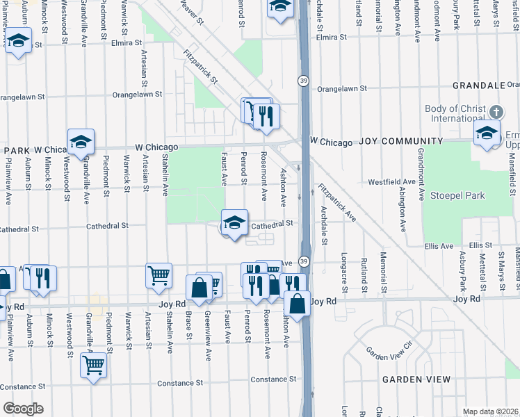 map of restaurants, bars, coffee shops, grocery stores, and more near 18348 Cathedral Street in Detroit