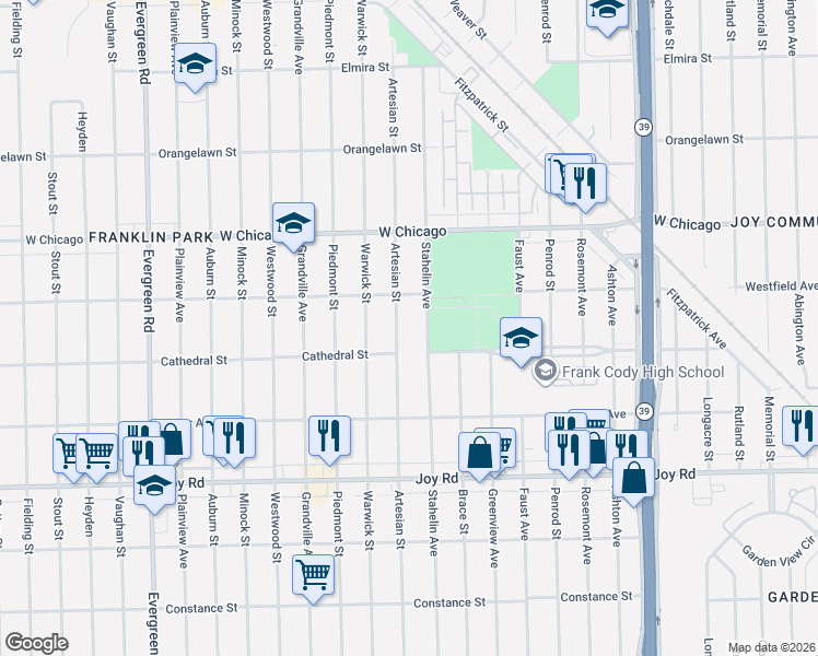 map of restaurants, bars, coffee shops, grocery stores, and more near 9202 Artesian Street in Detroit