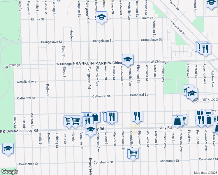 map of restaurants, bars, coffee shops, grocery stores, and more near 9217 Auburn Street in Detroit