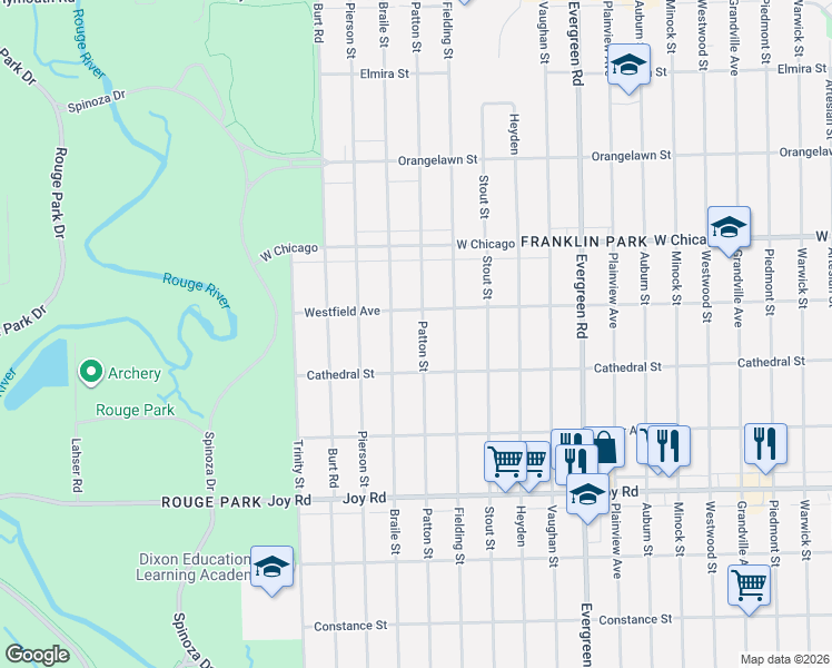 map of restaurants, bars, coffee shops, grocery stores, and more near 9225 Patton Street in Detroit