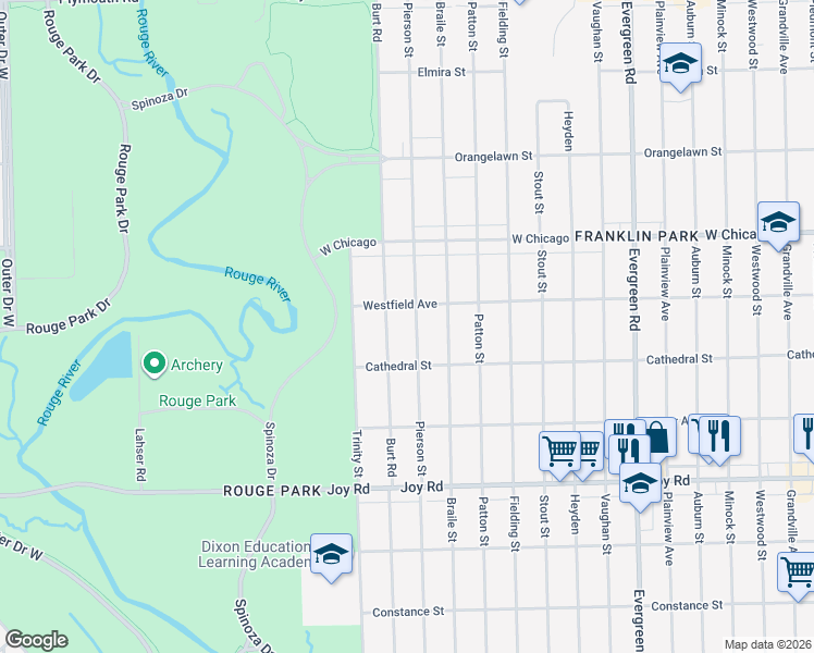 map of restaurants, bars, coffee shops, grocery stores, and more near 9224 Burt Road in Detroit