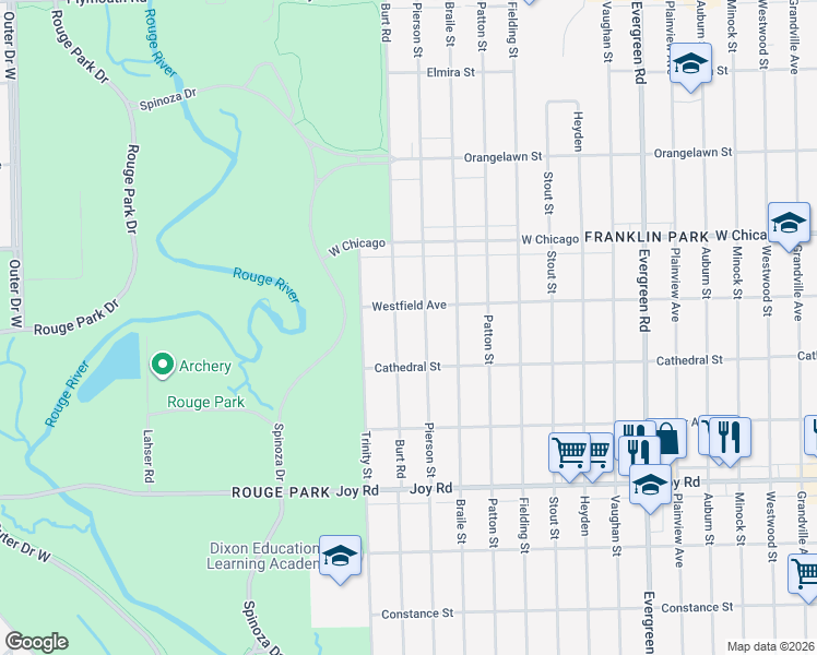 map of restaurants, bars, coffee shops, grocery stores, and more near 9224 Burt Road in Detroit