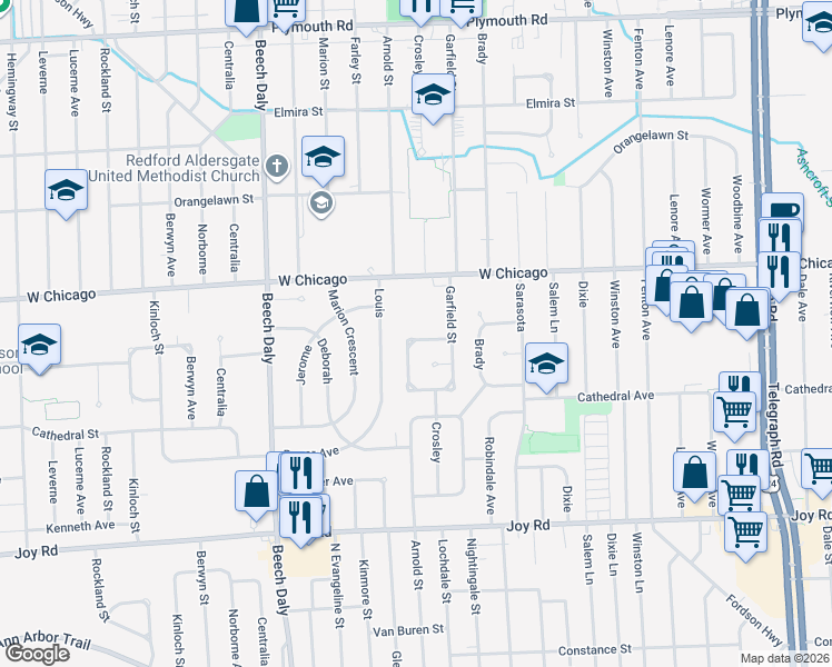 map of restaurants, bars, coffee shops, grocery stores, and more near 9174 Arnold in Redford Charter Township
