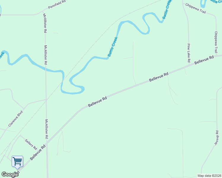 map of restaurants, bars, coffee shops, grocery stores, and more near 9515 Bellevue Road in Battle Creek